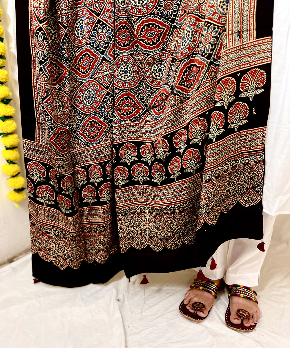 Black red ajrakh hand block printed modal silk dupatta