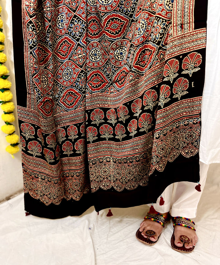 Black red ajrakh hand block printed modal silk dupatta