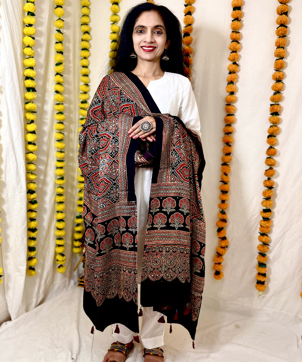 Black red ajrakh hand block printed modal silk dupatta