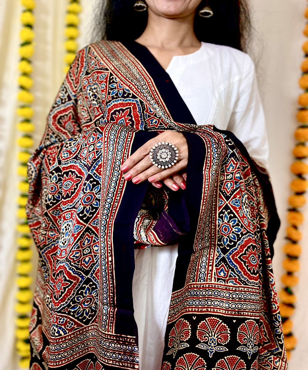 Black red ajrakh hand block printed modal silk dupatta