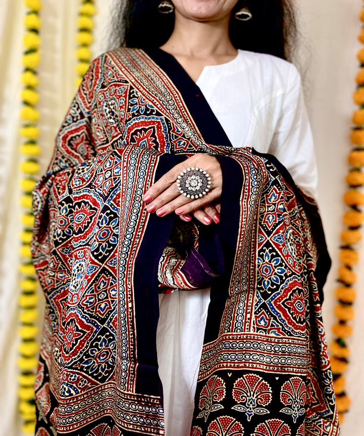 Black red ajrakh hand block printed modal silk dupatta