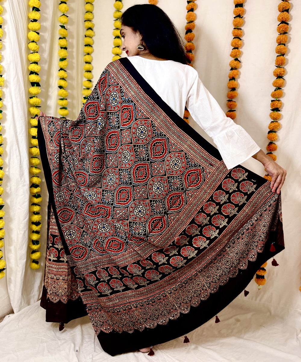 Black red ajrakh hand block printed modal silk dupatta