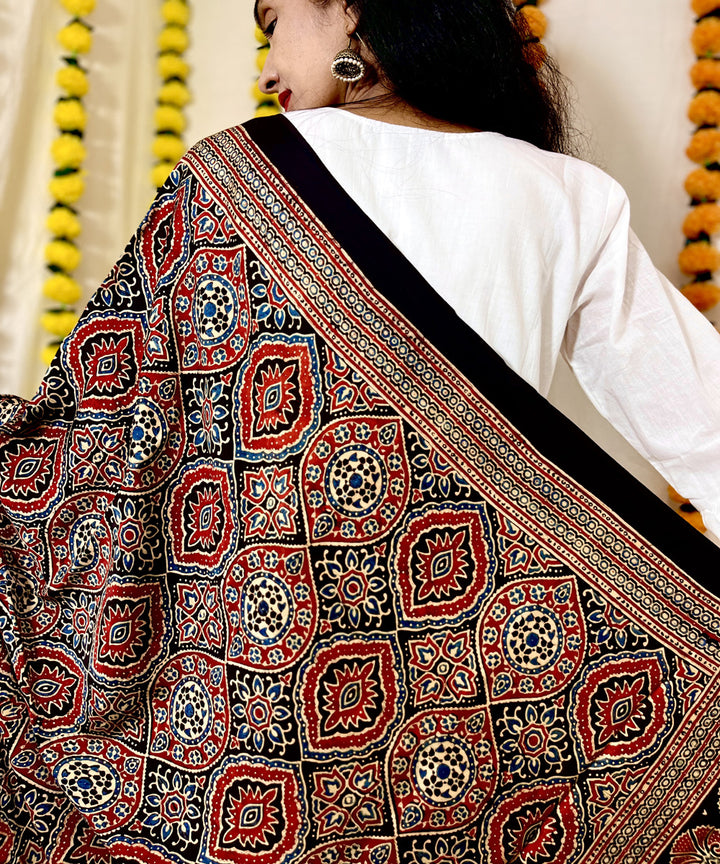 Black red ajrakh hand block printed modal silk dupatta
