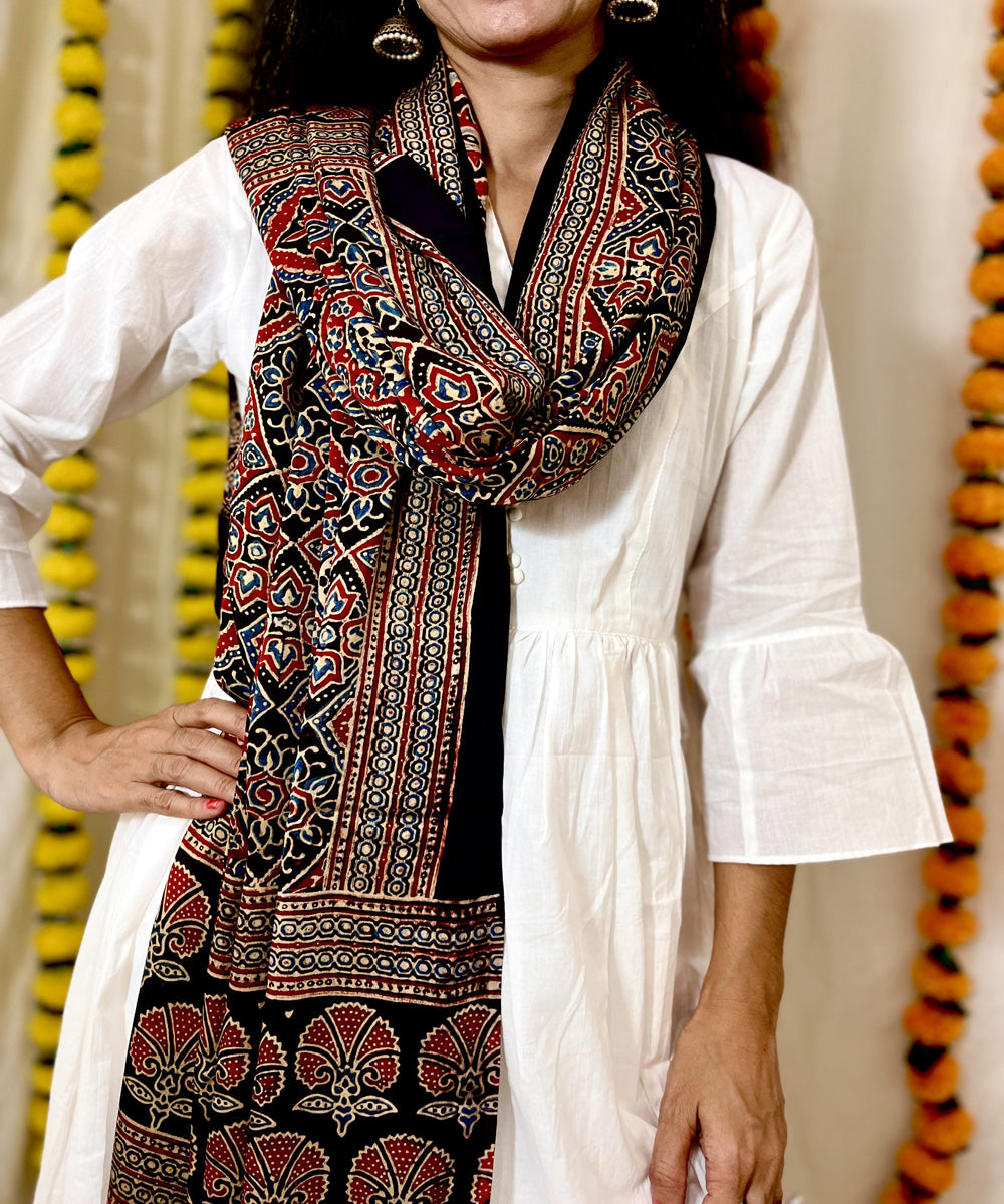 Black red ajrakh hand block printed modal silk dupatta