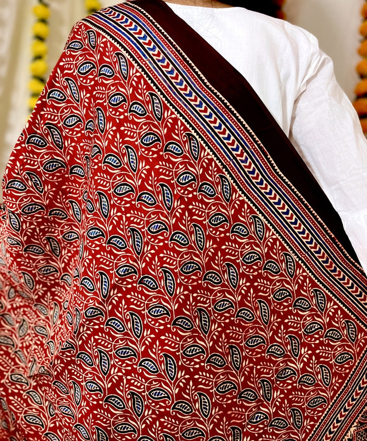 Red black ajrakh hand block printed modal silk dupatta