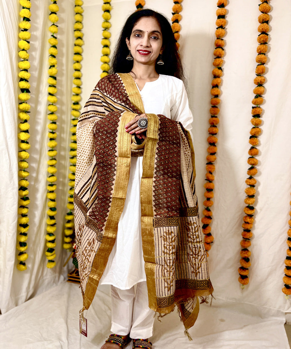 Beige maroon hand block printed meheswari dupatta