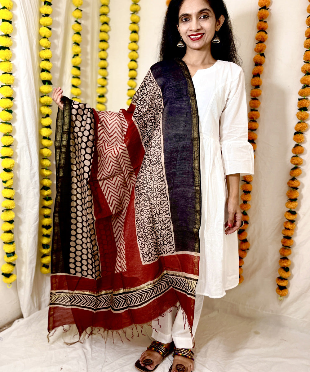 Multicolor hand block printed chanderi silk dupatta