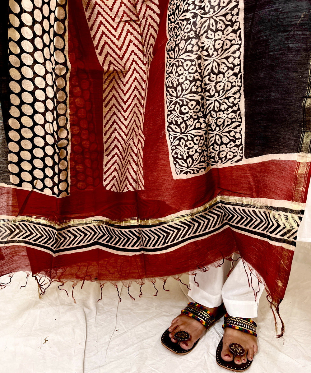 Multicolor hand block printed chanderi silk dupatta