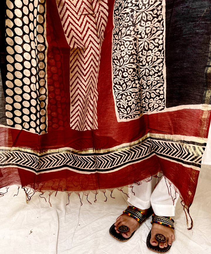 Multicolor hand block printed chanderi silk dupatta