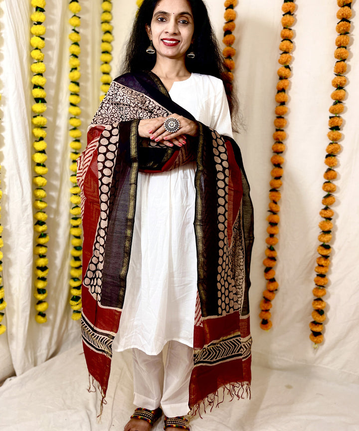 Multicolor hand block printed chanderi silk dupatta