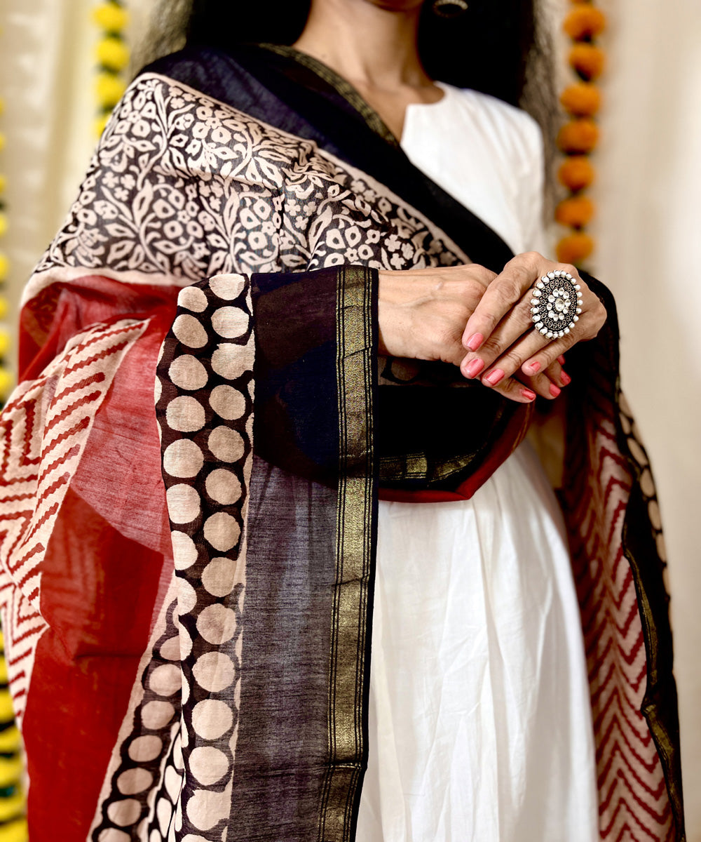 Multicolor hand block printed chanderi silk dupatta