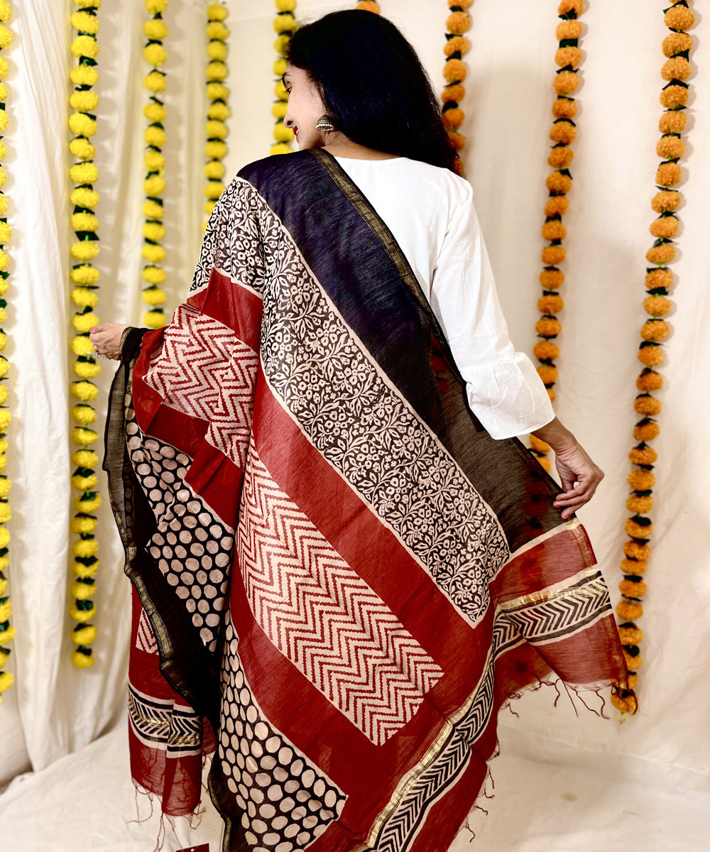 Multicolor hand block printed chanderi silk dupatta