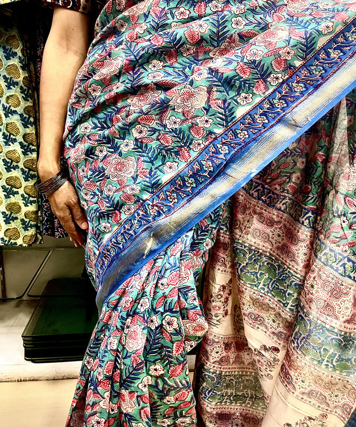 Multicolor hand block sanganeri printed maheswari sico saree