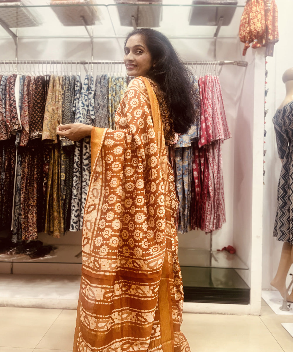 Rust hand block bagru printed maheswari sico saree