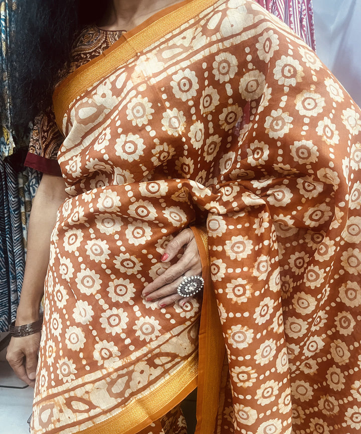 Rust hand block bagru printed maheswari sico saree