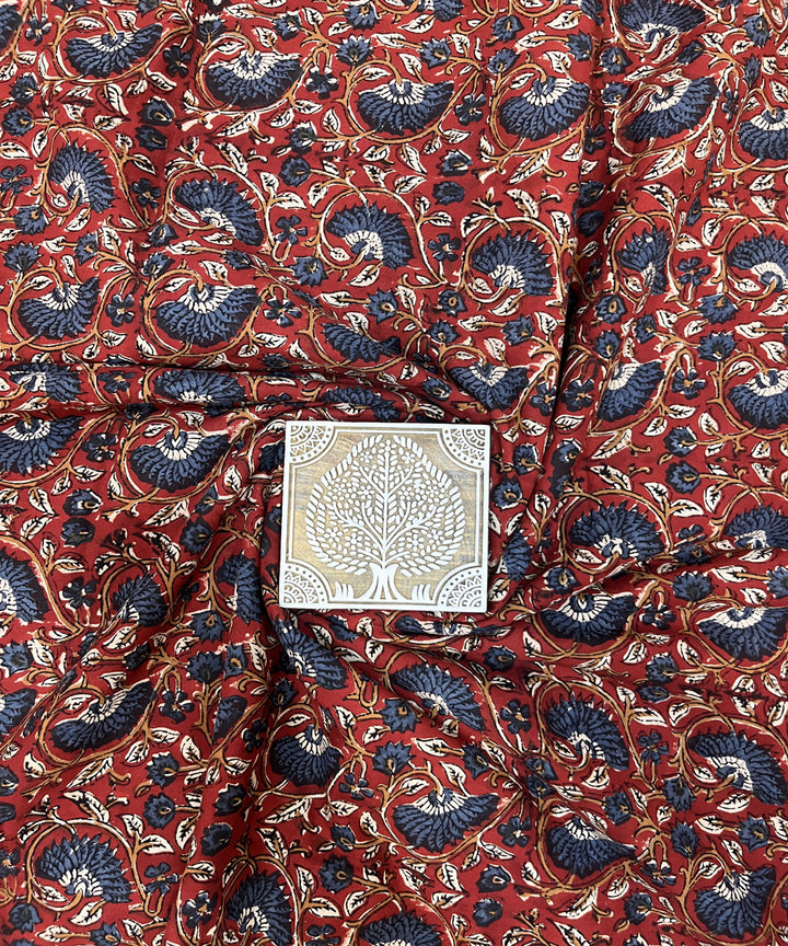 Red blue natural dyed kalamkari hand block printed cotton fabric