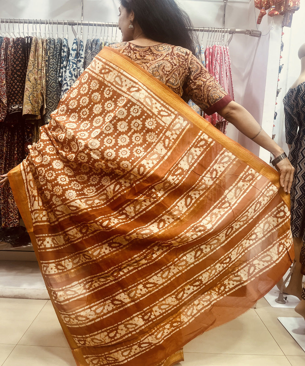 Rust hand block bagru printed maheswari sico saree
