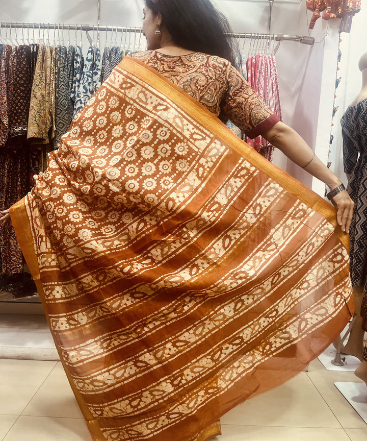 Rust hand block bagru printed maheswari sico saree