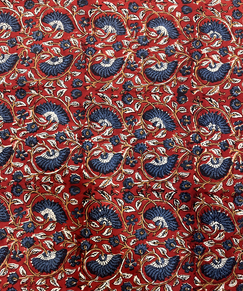 Red blue natural dyed kalamkari hand block printed cotton fabric