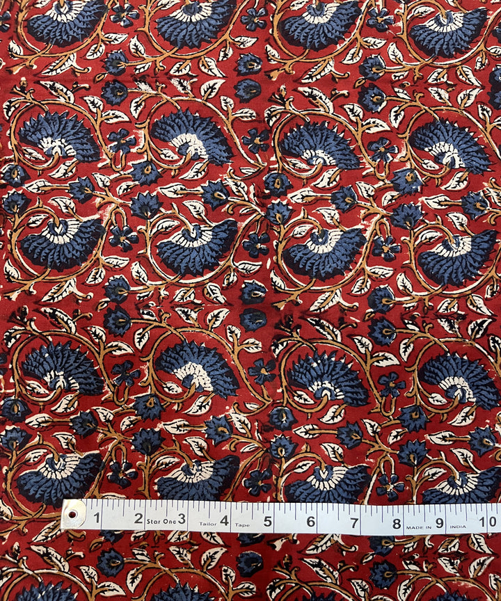 Red blue natural dyed kalamkari hand block printed cotton fabric