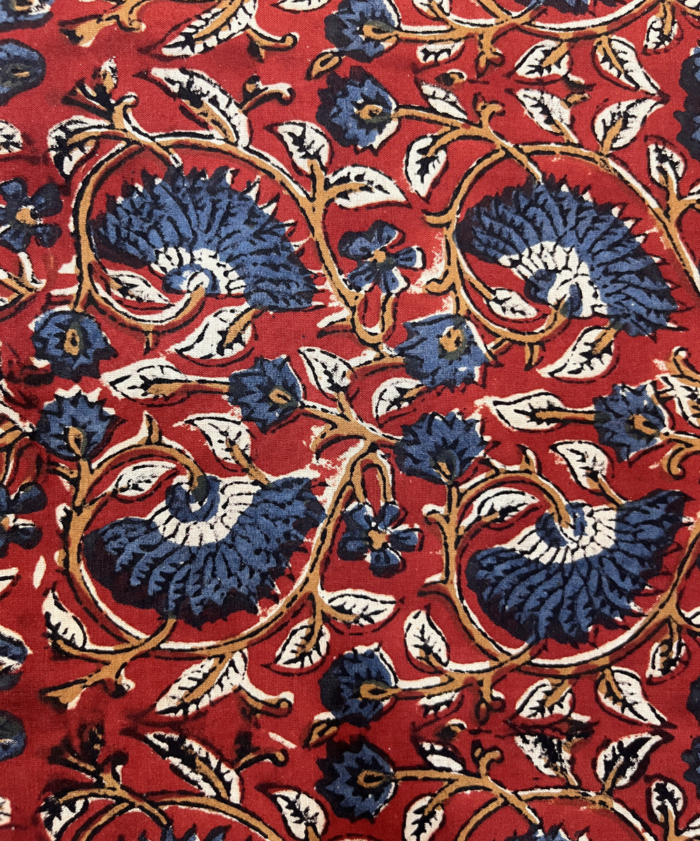 Red blue natural dyed kalamkari hand block printed cotton fabric