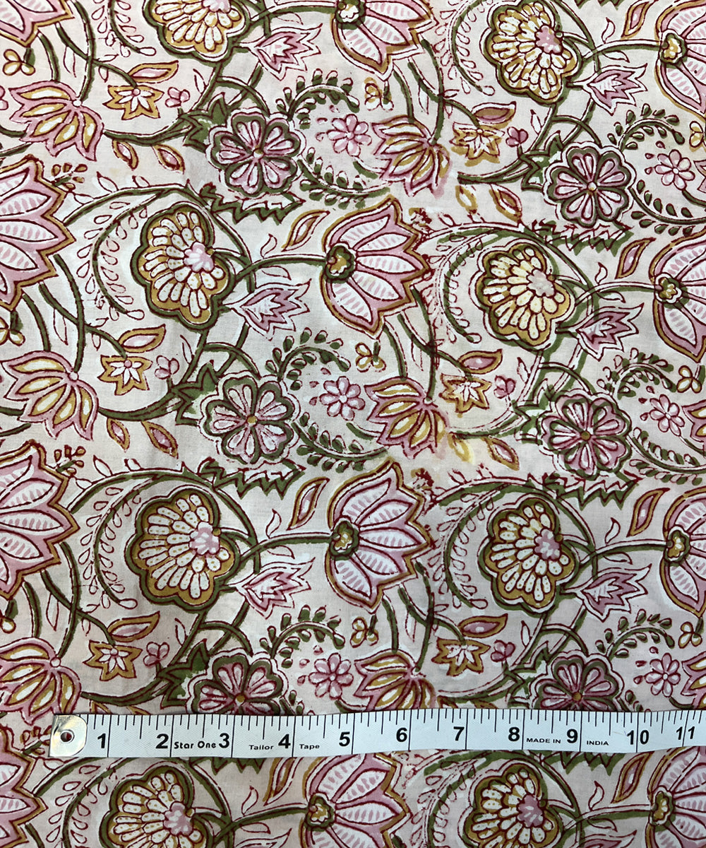 Beige red natural dyed sanganeri hand block printed cotton fabric