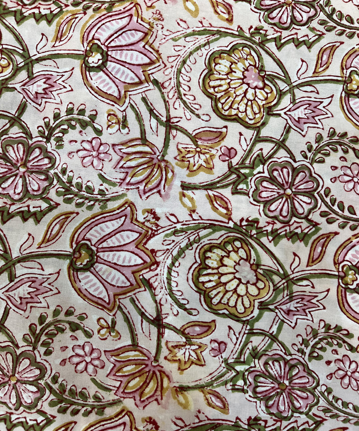 Beige red natural dyed sanganeri hand block printed cotton fabric