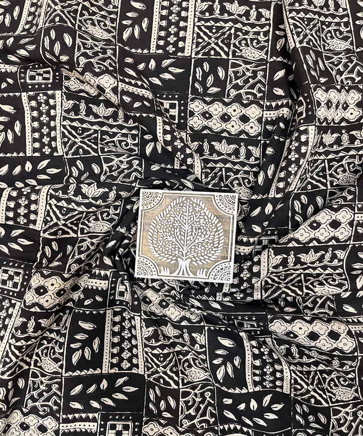 White black natural dyed hand block printed cotton fabric