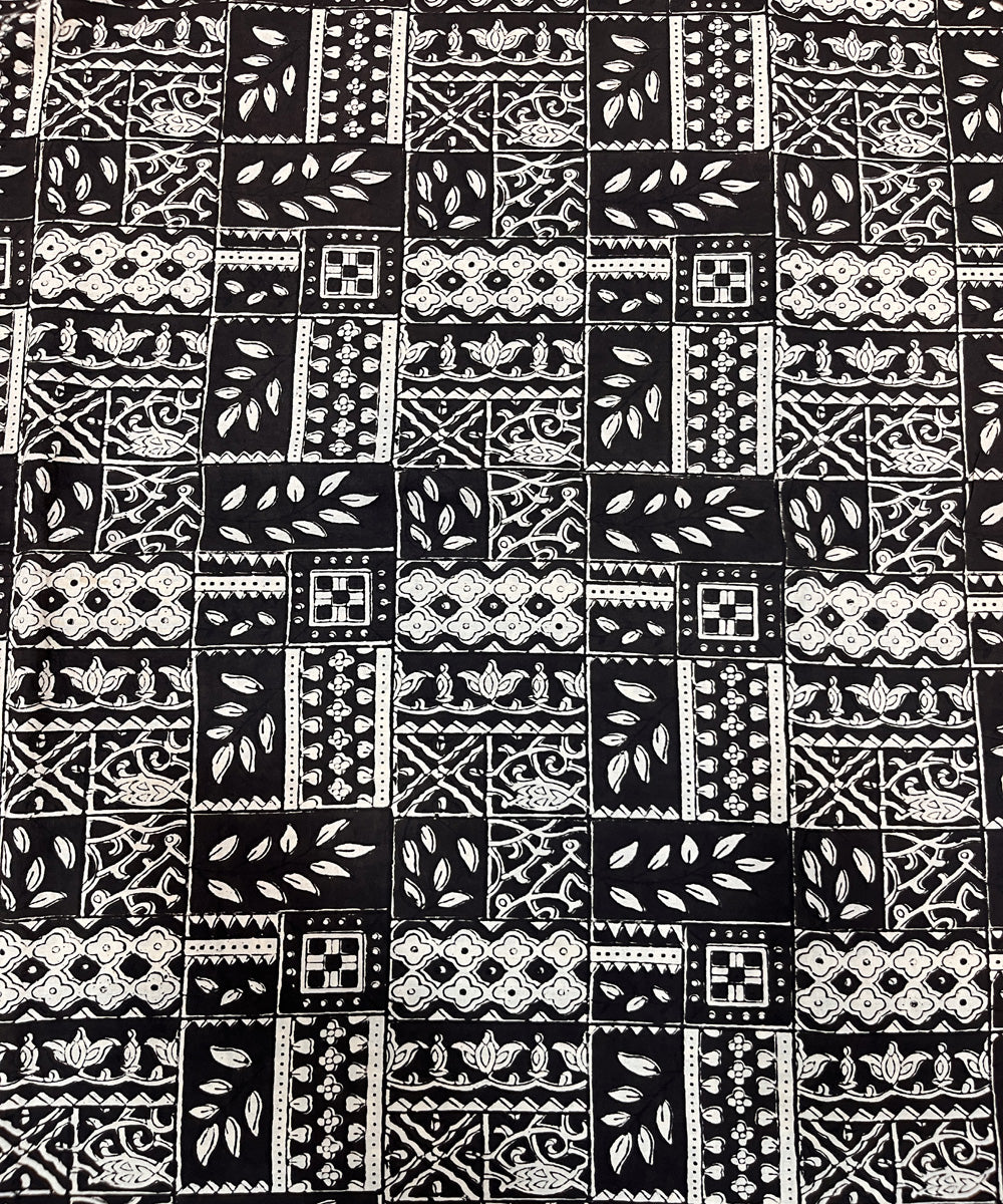 White black natural dyed hand block printed cotton fabric