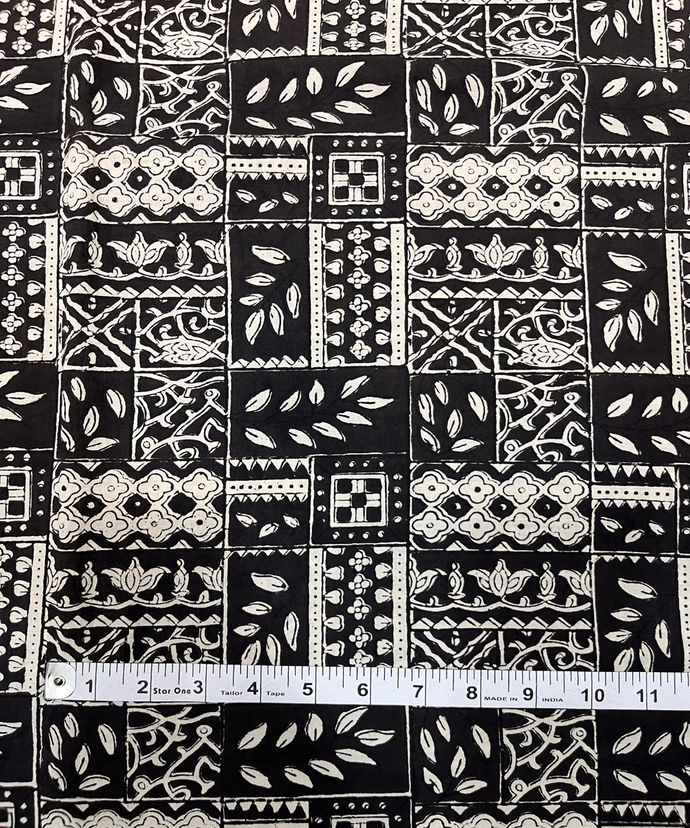 White black natural dyed hand block printed cotton fabric