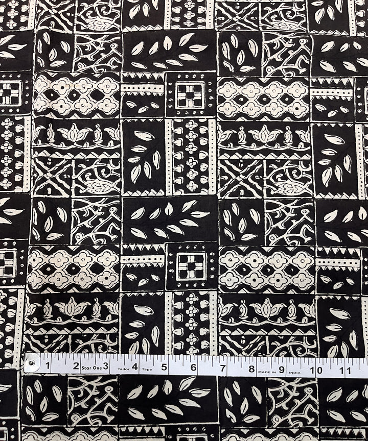 White black natural dyed hand block printed cotton fabric