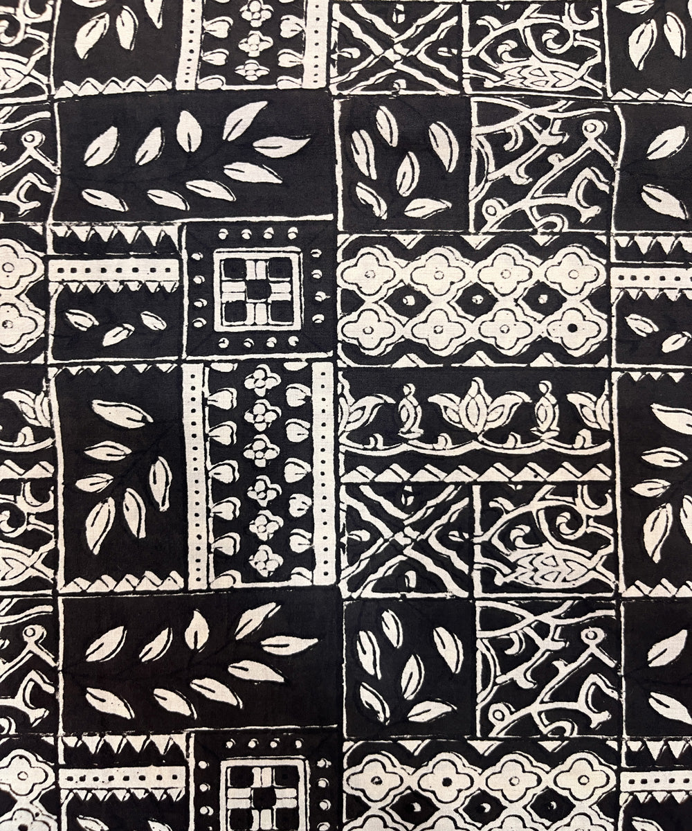 White black natural dyed hand block printed cotton fabric