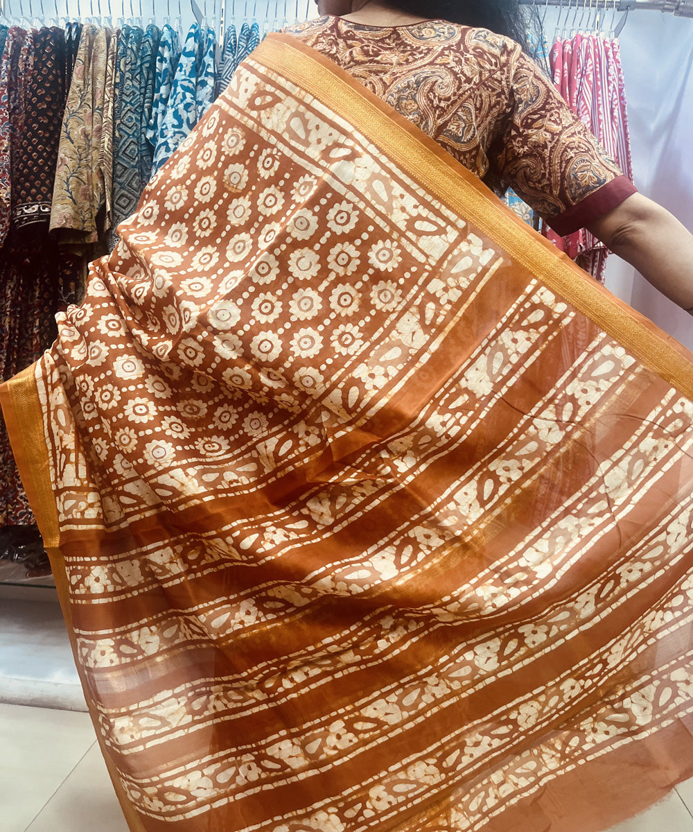 Rust hand block bagru printed maheswari sico saree
