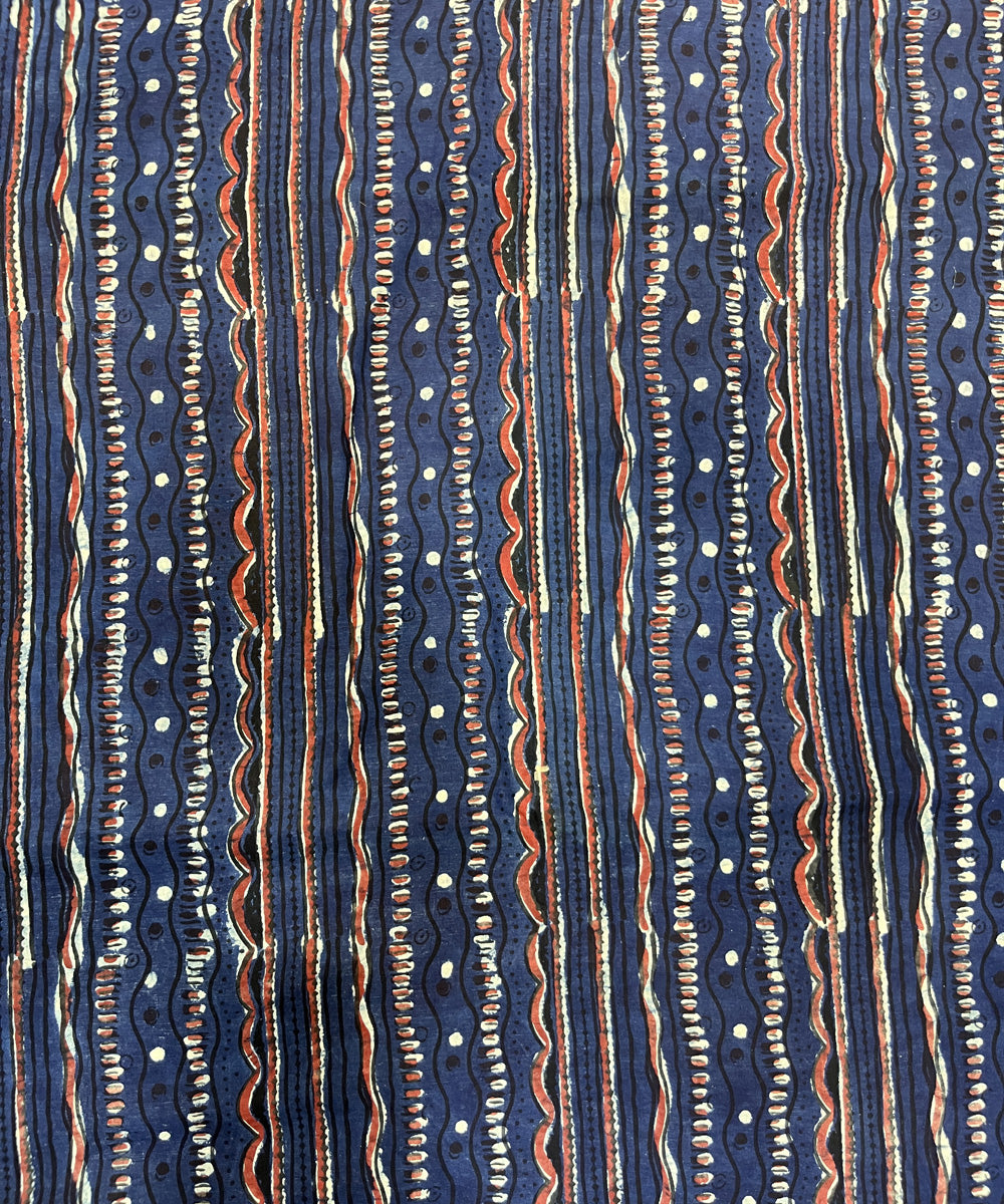 Blue red natural dyed hand block printed cotton fabric