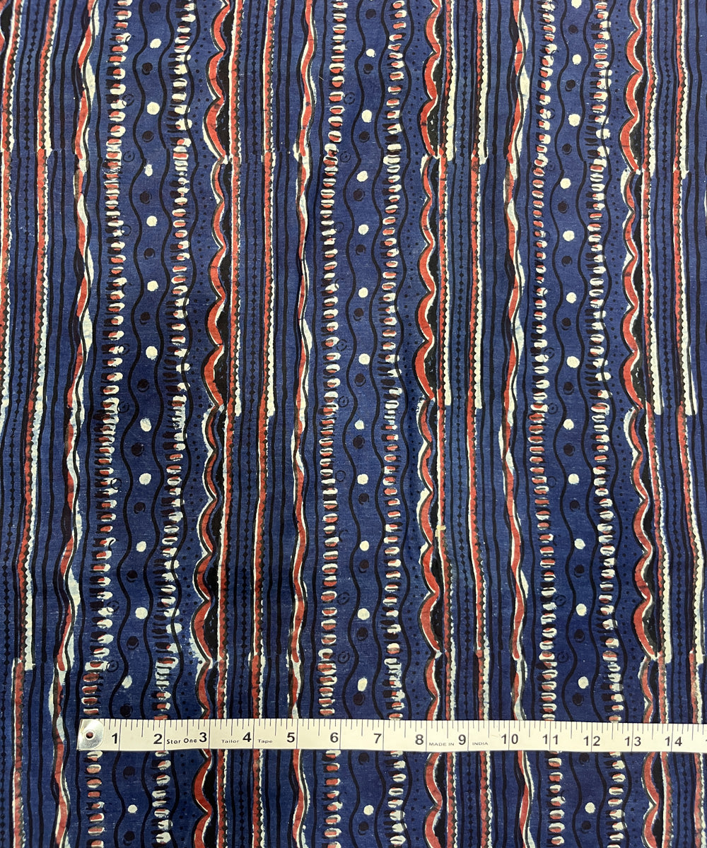 Blue red natural dyed hand block printed cotton fabric