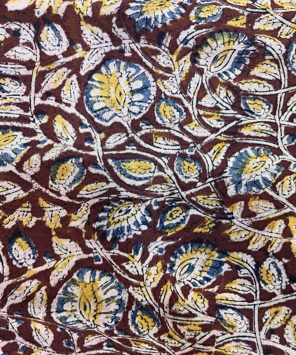 Red natural dyed kalamkari hand block printed cotton fabric