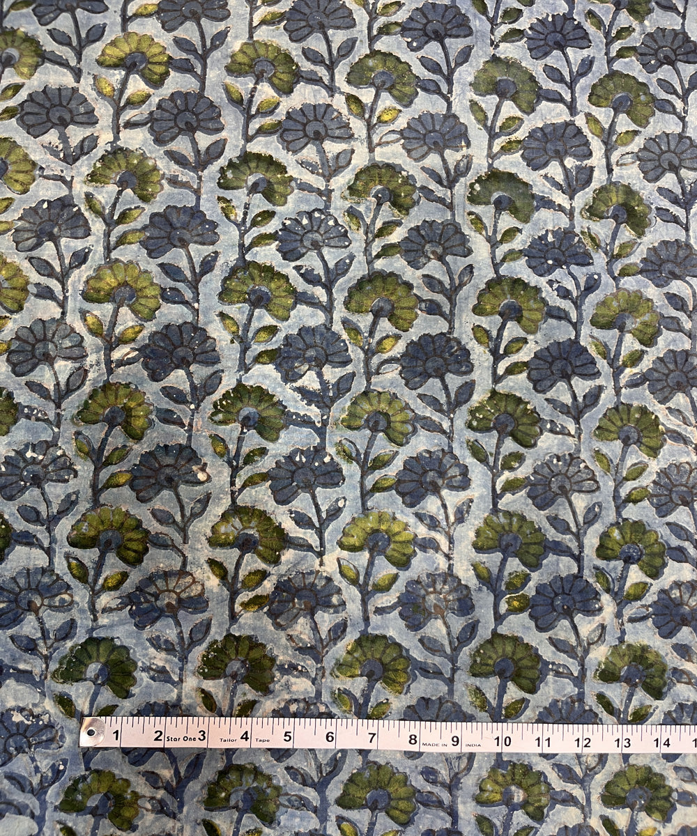 Sea green natural dyed ajrakh hand block printed cotton fabric