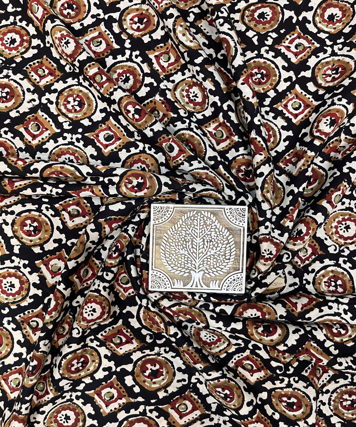 Black natural dyed kalamkari cotton hand block printed fabric