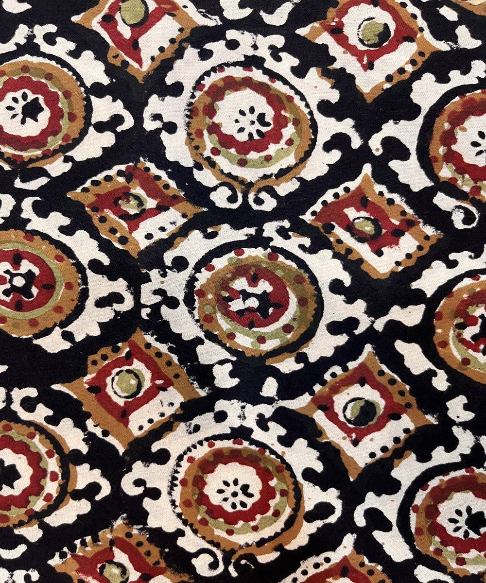 Black natural dyed kalamkari cotton hand block printed fabric