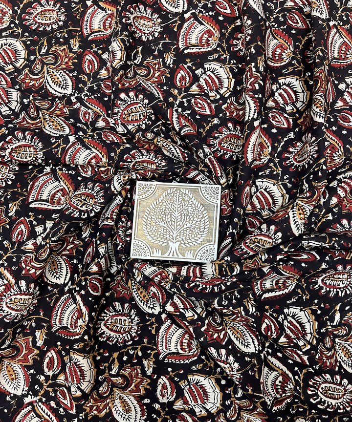 Black natural dyed kalamkari hand block printed cotton fabric