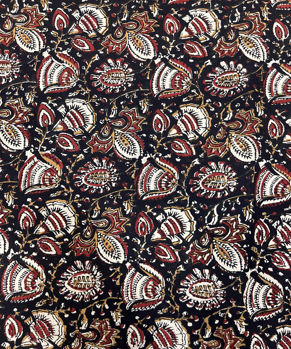 Black natural dyed kalamkari hand block printed cotton fabric