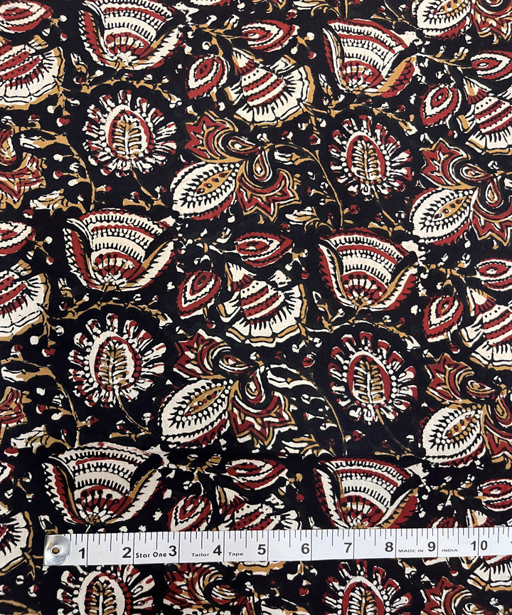 Black natural dyed kalamkari hand block printed cotton fabric