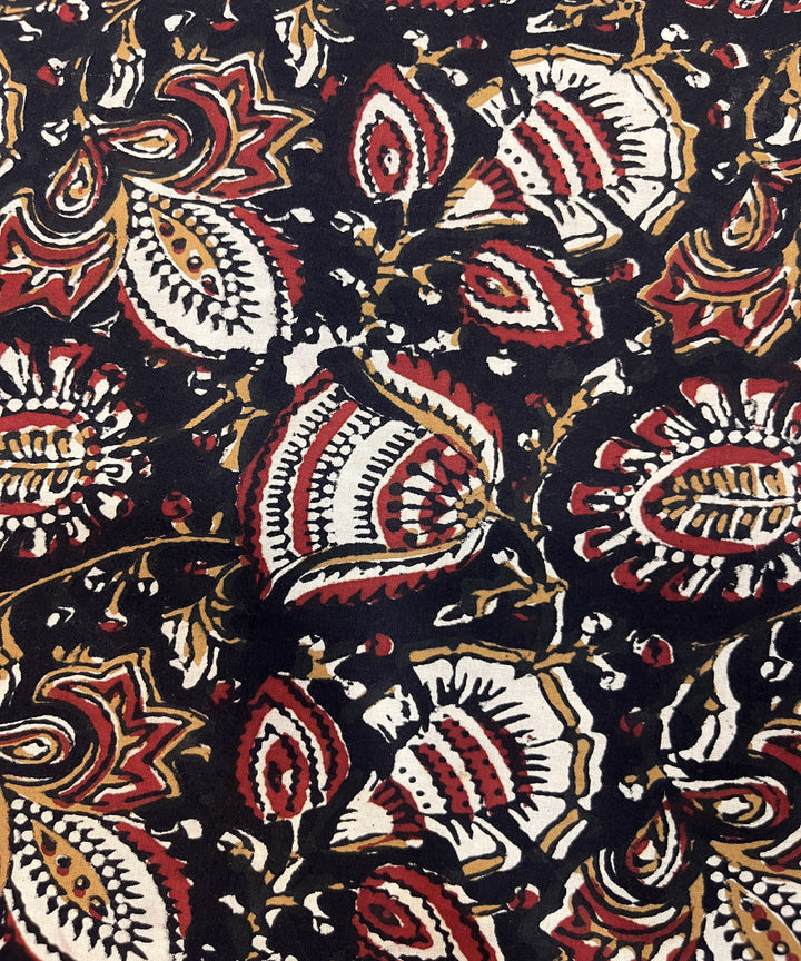 Black natural dyed kalamkari hand block printed cotton fabric