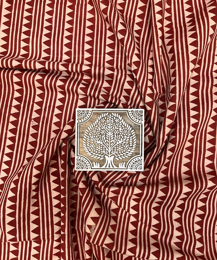 Red white natural dyed hand block printed cotton fabric