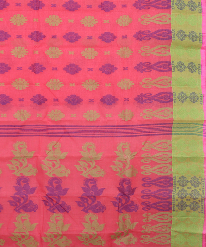 Pink green cotton handloom bengal tangail saree