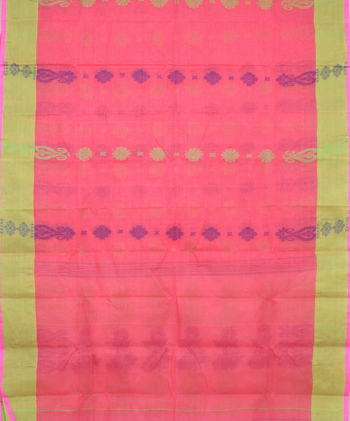 Pink green cotton handloom bengal tangail saree