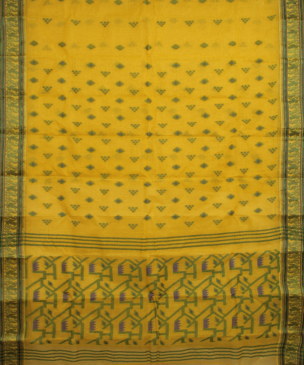 Yellow green cotton handloom bengal tangail saree