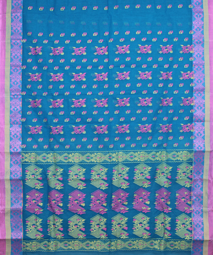 Sea blue pink cotton handloom bengal tangail saree