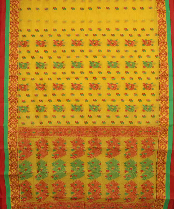 Yellow red green cotton handloom bengal tangail saree