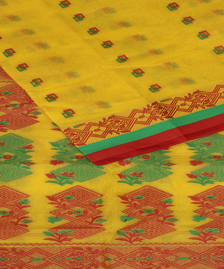 Yellow red green cotton handloom bengal tangail saree